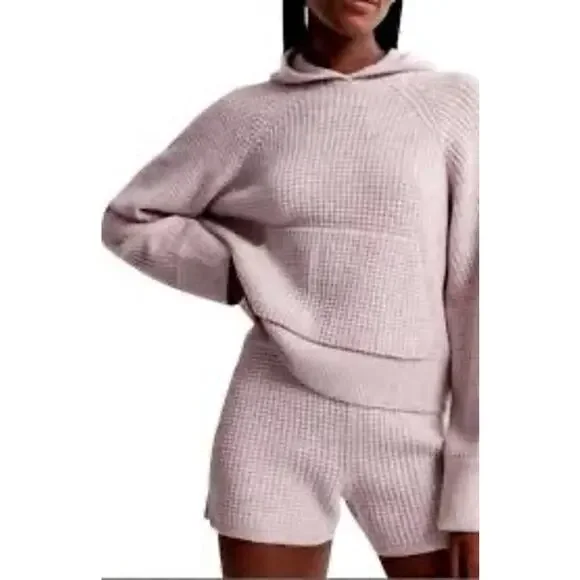Abercrombie & Fitch Lounge Waffle Knit Hoodie Sweater Pink Mauve Oversized Sz L - Picture 1 of 5